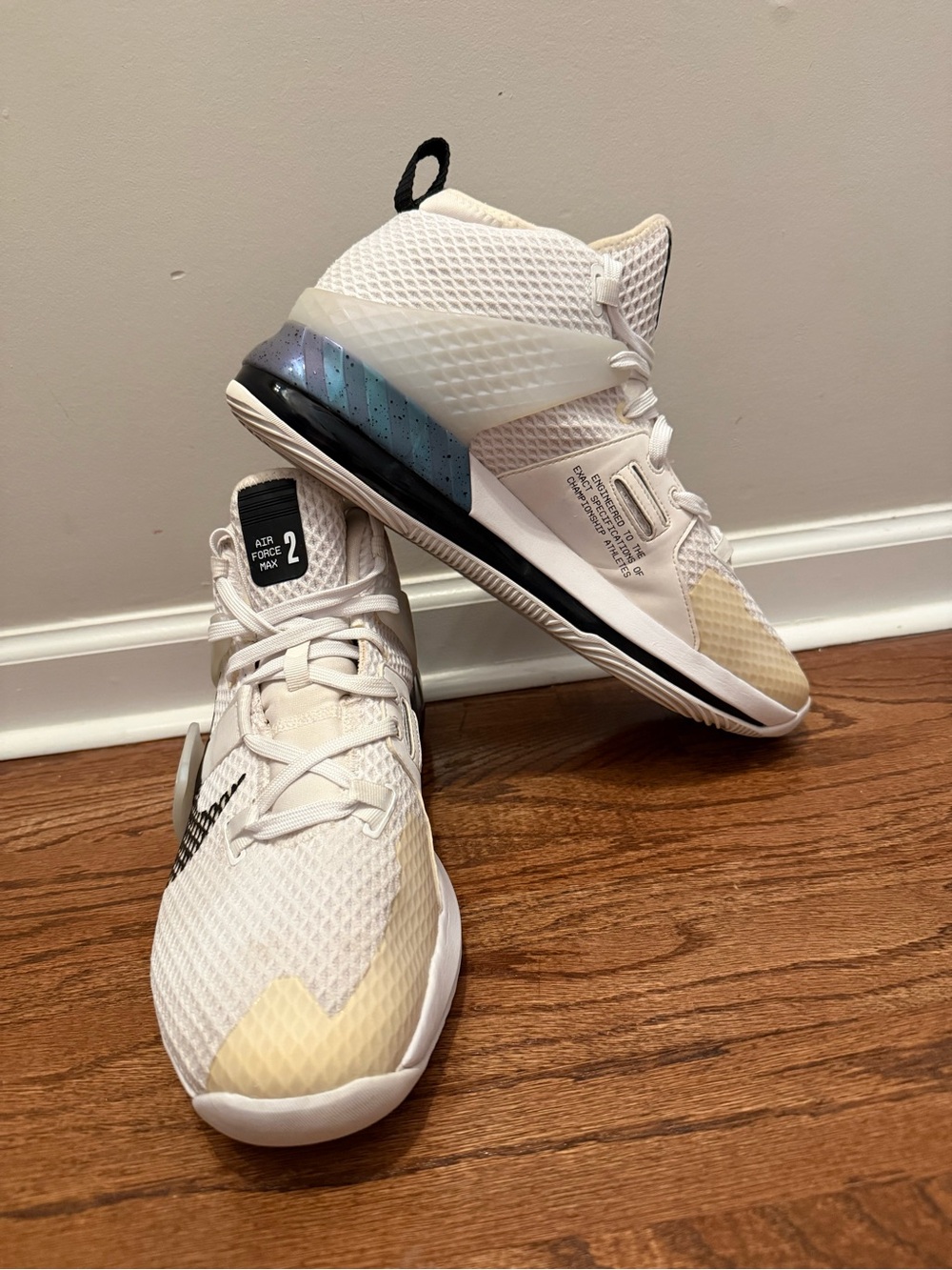 Nike Air Force Max 2 White Athletic Shoes with Black and Blue Accents